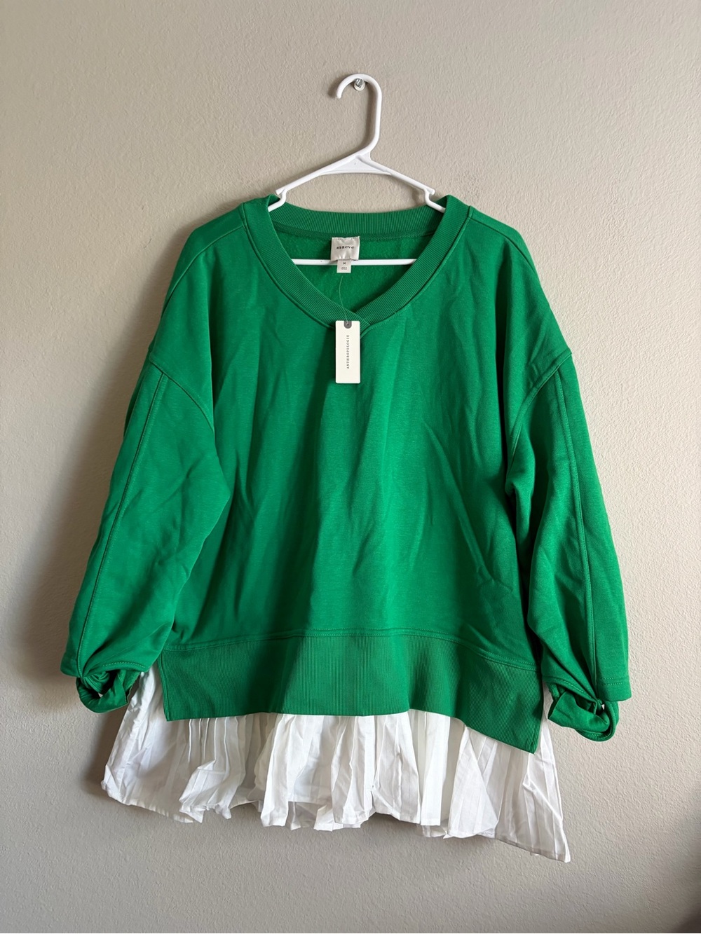 Maeve Long-Sleeve V-Neck Twofer Knit Pullover Anthropologie in kelly green NWT